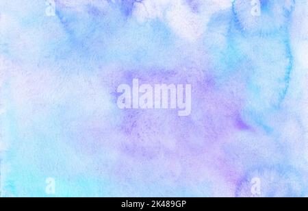 Watercolor pastel blue and purple background texture. Light cerulean and violet stains on paper, hand painted. Stock Photo
