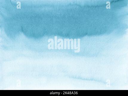 Watercolor blue and white ombre background texture, hand painted. Aquarelle light sea blue gradient backdrop, stains on paper. Artistic painting wallp Stock Photo