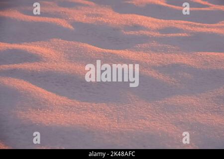 Close-up snow texture in the sunset light, abstract winter background Stock Photo
