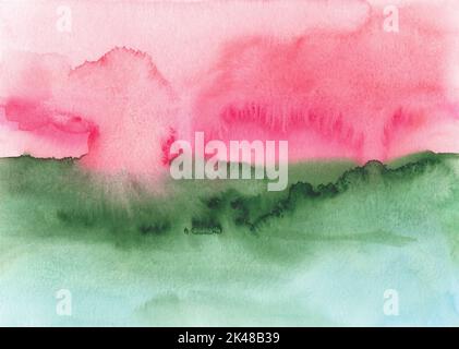 Watercolor red and green background texture. Abstract watercolour landscape. Stains on paper, hand painted. Stock Photo