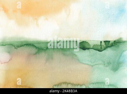 Watercolor orange and green background texture. Abstract watercolour landscape. Stains on paper, hand painted. Stock Photo
