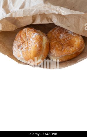 Jam doughnuts in a brown paper bag,  recycling packaging,  Isolated on a white background Stock Photo