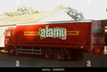 An old photograph of a Wagg dog food truck ready to load meal from the former Ruswarp Mill  (now converted to residential  flats) situated in the village of Ruswarp  near Whitby, North Yorkshire. Stock Photo