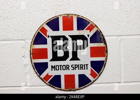 Old metal advertising plaque for BP Motor Spirit Stock Photo