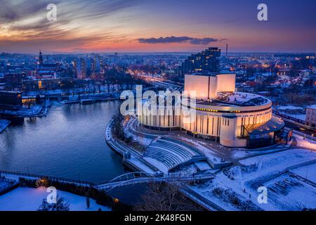 Stunning sunset over Opera Nova in winer Bydgoszcz, aerial view of Poland Stock Photo