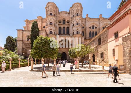 View of the facade of the Málaga Cathedral or Santa Iglesia Catedral Basílica de la Encarnación. Stock Photo