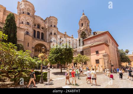 View of the facade of the Málaga Cathedral or Santa Iglesia Catedral Basílica de la Encarnación. Stock Photo