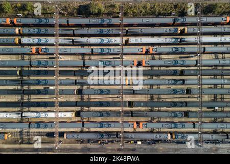 Tyseley, Birmingham, UK. October 1st 2022 - Unused and parked West Midlands Railway trains at the Tyseley train maintenance depot in Birmingham as rail workers take part in continued strike action. Pic by Credit: Scott CM/Alamy Live News Stock Photo