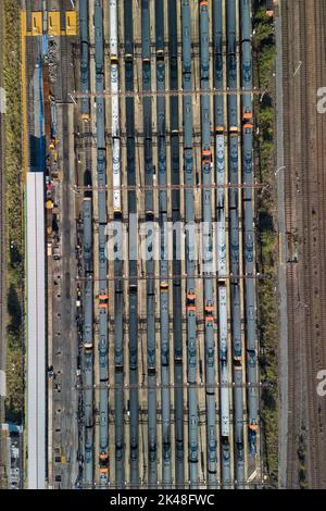 Tyseley, Birmingham, UK. October 1st 2022 - Unused and parked West Midlands Railway trains at the Tyseley train maintenance depot in Birmingham as rail workers take part in continued strike action. Pic by Credit: Scott CM/Alamy Live News Stock Photo