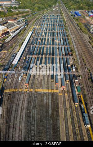 Tyseley, Birmingham, UK. October 1st 2022 - Unused and parked West Midlands Railway trains at the Tyseley train maintenance depot in Birmingham as rail workers take part in continued strike action. Pic by Credit: Scott CM/Alamy Live News Stock Photo