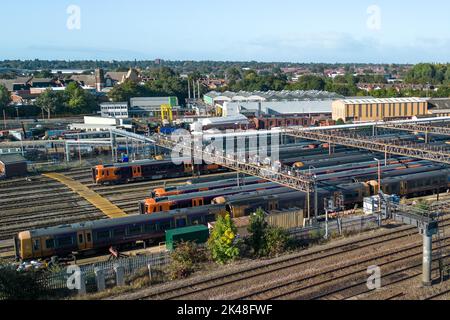 Tyseley, Birmingham, UK. October 1st 2022 - Unused and parked West Midlands Railway trains at the Tyseley train maintenance depot in Birmingham as rail workers take part in continued strike action. Pic by Credit: Scott CM/Alamy Live News Stock Photo