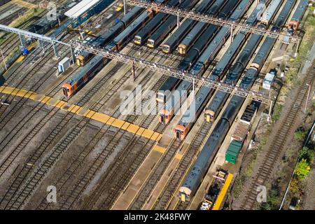 Tyseley, Birmingham, UK. October 1st 2022 - Unused and parked West Midlands Railway trains at the Tyseley train maintenance depot in Birmingham as rail workers take part in continued strike action. Pic by Credit: Scott CM/Alamy Live News Stock Photo