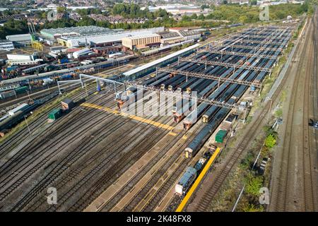 Tyseley, Birmingham, UK. October 1st 2022 - Unused and parked West Midlands Railway trains at the Tyseley train maintenance depot in Birmingham as rail workers take part in continued strike action. Pic by Credit: Scott CM/Alamy Live News Stock Photo