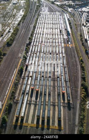 Tyseley, Birmingham, UK. October 1st 2022 - Unused and parked West Midlands Railway trains at the Tyseley train maintenance depot in Birmingham as rail workers take part in continued strike action. Pic by Credit: Scott CM/Alamy Live News Stock Photo