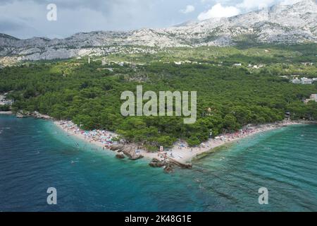 Punta Rata, Brela, Croatia. As seen from Drone. Stock Photo