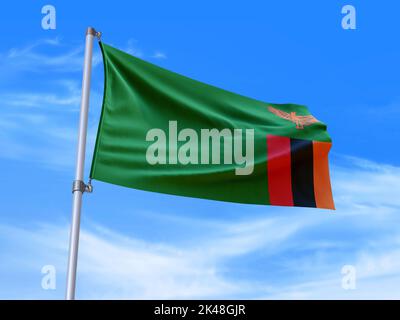 Beautiful Zambia flag waving in the wind with sky background - 3D illustration - 3D render Stock Photo