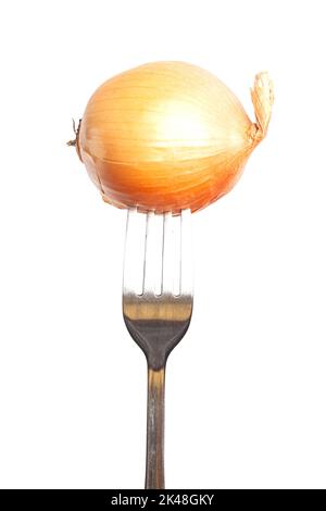 onion on a fork isolated on white. Stock Photo
