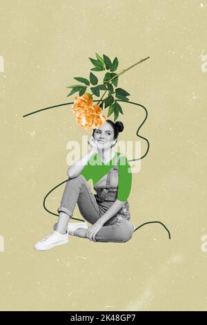 Photo sketch graphics artwork picture of adorable charming lady sitting dreaming flower head isolated drawing background Stock Photo