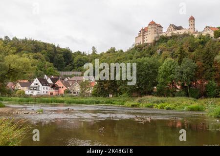 River Wörnitz overlooking medieval Harburg Castle in Bavaria's picturesque small town of Harburg; Germany. Stock Photo