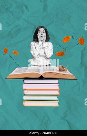 Creative abstract template graphics image of impressed funny funky lady reading slither book isolated drawing background Stock Photo