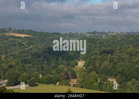 Early morning and Willersely Castle in the Peak District, near Cromford, Derbyshire Stock Photo