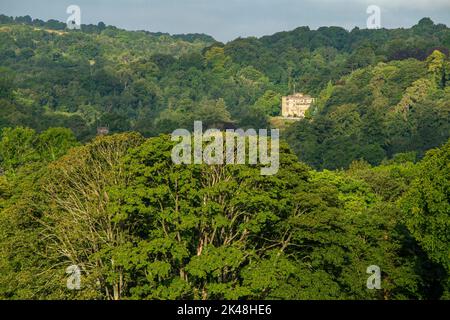 Early morning and Willersely Castle in the Peak District, near Cromford, Derbyshire Stock Photo