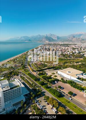 Aerial drone photo of Antalya Konyaalti beach and cliffs. Selective focus Stock Photo