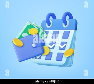 3D Calendar with Wallet and Money Coin. Stock Vector