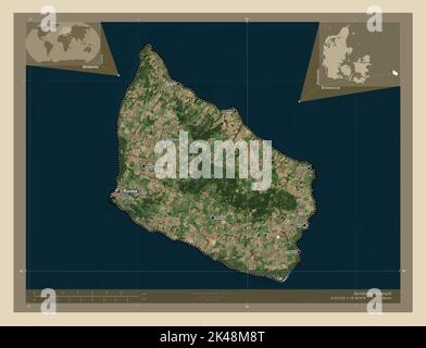 Bornholm, island of Denmark. High resolution satellite map. Locations and names of major cities of the region. Corner auxiliary location maps Stock Photo