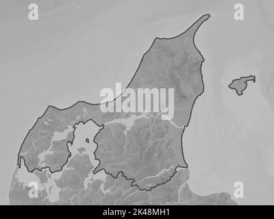 Nordjylland, region of Denmark. Grayscale elevation map with lakes and rivers Stock Photo