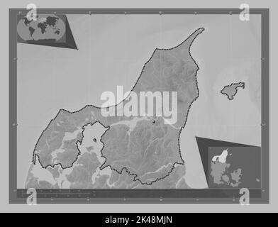 Nordjylland, region of Denmark. Grayscale elevation map with lakes and rivers. Corner auxiliary location maps Stock Photo