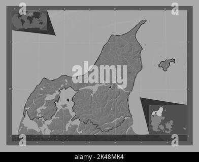 Nordjylland, region of Denmark. Bilevel elevation map with lakes and rivers. Corner auxiliary location maps Stock Photo