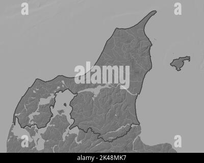 Nordjylland, region of Denmark. Bilevel elevation map with lakes and rivers Stock Photo