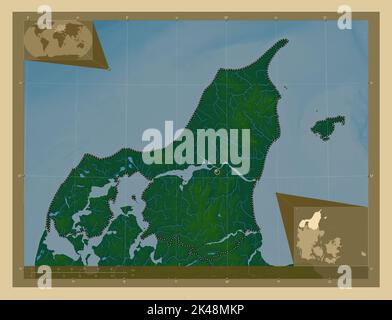 Nordjylland, region of Denmark. Colored elevation map with lakes and rivers. Corner auxiliary location maps Stock Photo