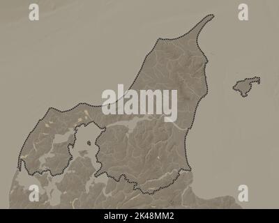 Nordjylland, region of Denmark. Elevation map colored in sepia tones with lakes and rivers Stock Photo