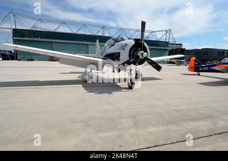 Zeltweg, Austria - September 03, 2022: Public airshow in Styria named Airpower 22, North American T28B Trojan, a training aircraft and fighter plane Stock Photo