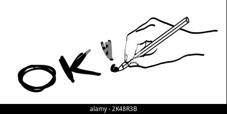 Hand with pen writing the slogan ok !. Hand holding pencil. Line draw brushes pattern. Flat vector cartoon style. Business Plans Stock Photo