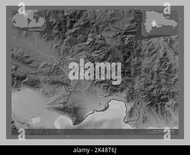 Azua, province of Dominican Republic. Grayscale elevation map with lakes and rivers. Locations and names of major cities of the region. Corner auxilia Stock Photo