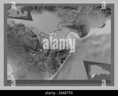 Barahona, province of Dominican Republic. Grayscale elevation map with lakes and rivers. Corner auxiliary location maps Stock Photo