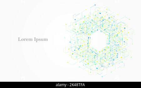 abstract blue yellow hexagon, network image, geometric texture background, scientific technology, futuristic concept Stock Photo