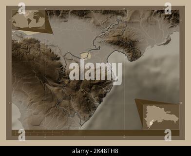 Barahona, province of Dominican Republic. Elevation map colored in sepia tones with lakes and rivers. Corner auxiliary location maps Stock Photo