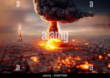 Drone view of a nuclear explosion occurring in Paris city of France during an apocalyptic war or meteor impact with a fire mushroom cloud. 3D Stock Photo