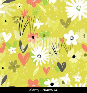 Seamless floral pattern based on traditional folk art ornaments. Colorful flowers on color background. Scandinavian style. Sweden nordic style. Vector Stock Vector