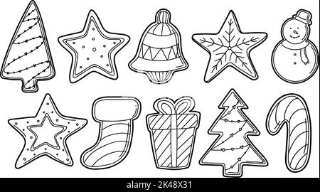 Hand drawn vector doodle set of gingerbread Christmas cookies in black outline for kids coloring book illustrations. Stock Vector