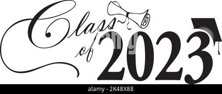 Class of 2023 Script Graphic With diploma and graduation Cap Black and White Stock Vector