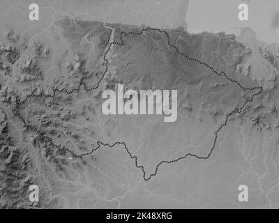 Monte Plata, province of Dominican Republic. Grayscale elevation map with lakes and rivers Stock Photo