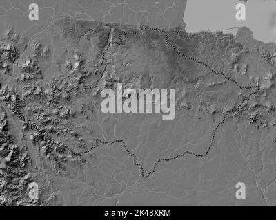 Monte Plata, province of Dominican Republic. Bilevel elevation map with lakes and rivers Stock Photo