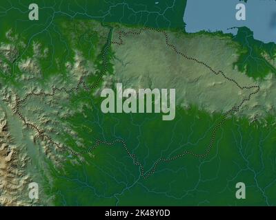 Monte Plata, province of Dominican Republic. Colored elevation map with lakes and rivers Stock Photo
