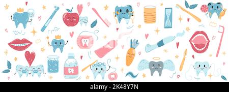 Vector set of kawaii teeth, toothbrushes, toothpaste and dental floss ...