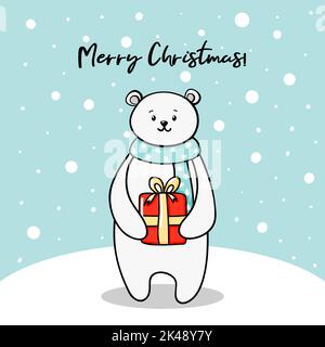 Polar bear with a Christmas gift. New year kids card with a cute white bear and snow in doodle style Stock Vector
